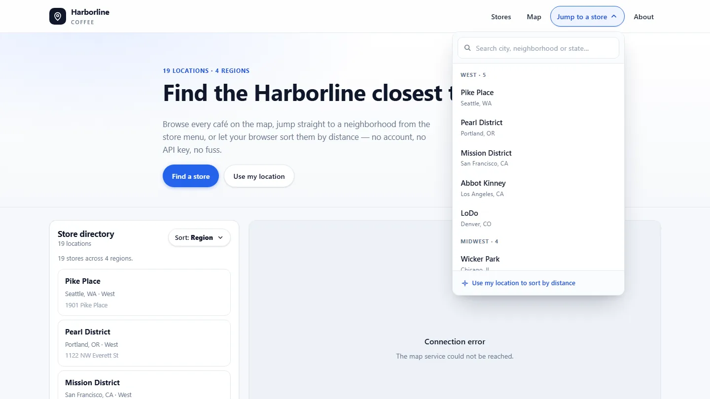 Store finder with the Jump to a store dropdown menu open over a schematic map