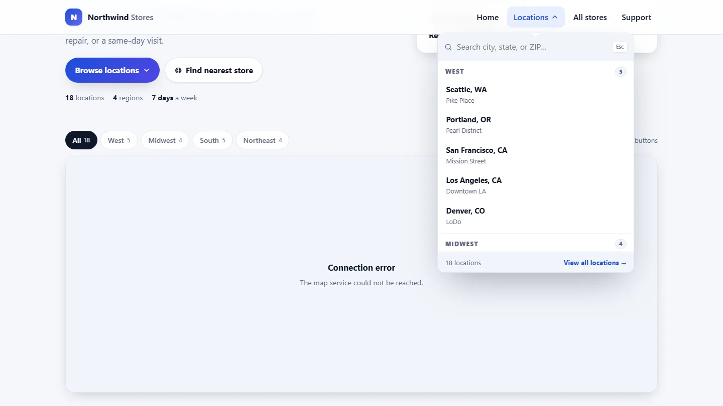 Store locator with the Locations dropdown menu open over a schematic map