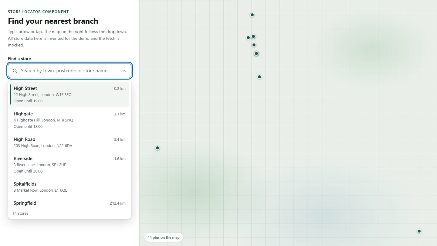 Store locator dropdown menu open beside a map with store pins