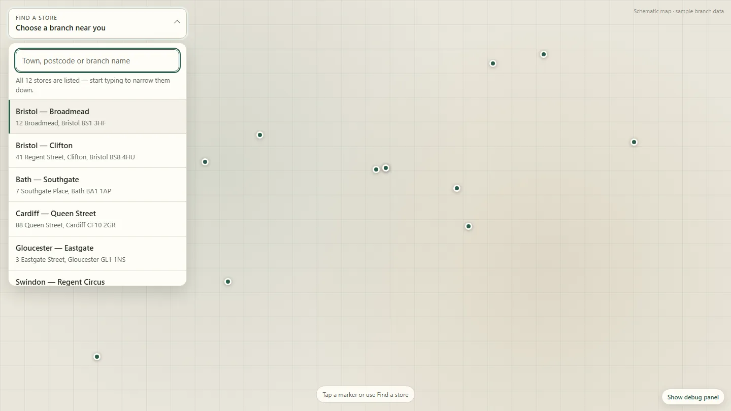 Store locator dropdown menu open over a map with store pins