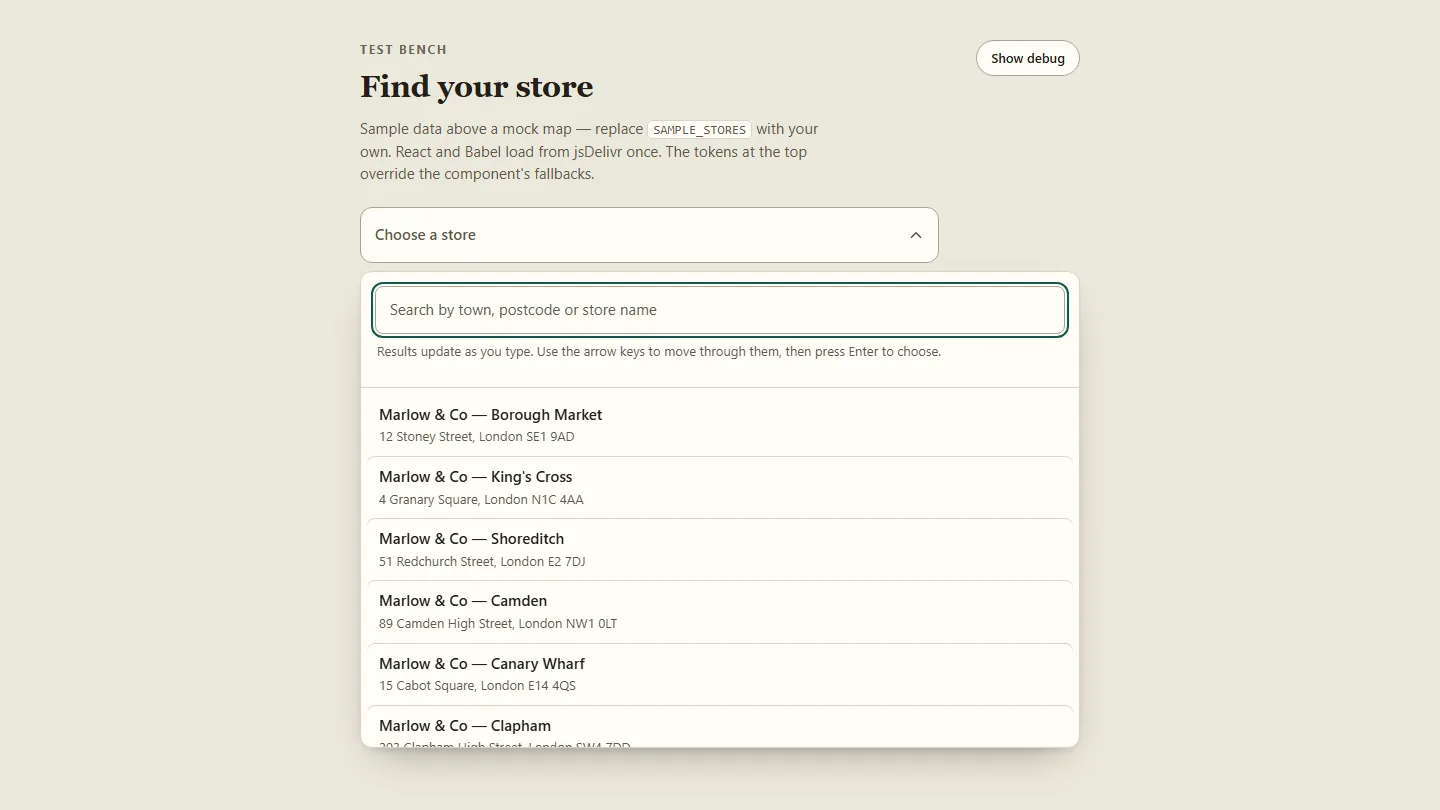 Store locator component test bench with the dropdown menu open